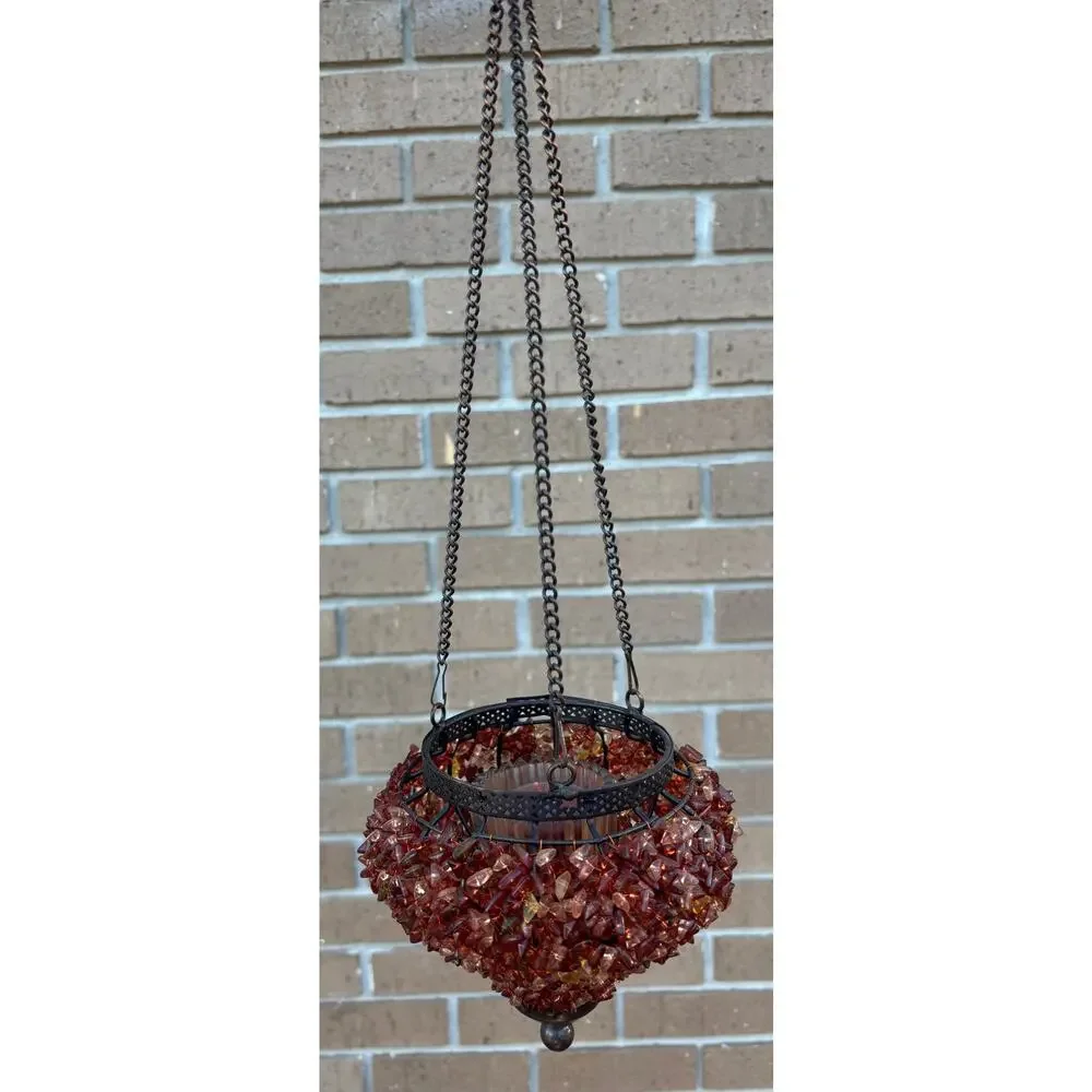 Vintage Hanging TeaLight Candle Holder Amber Glass Beads Metal Frame NOS New